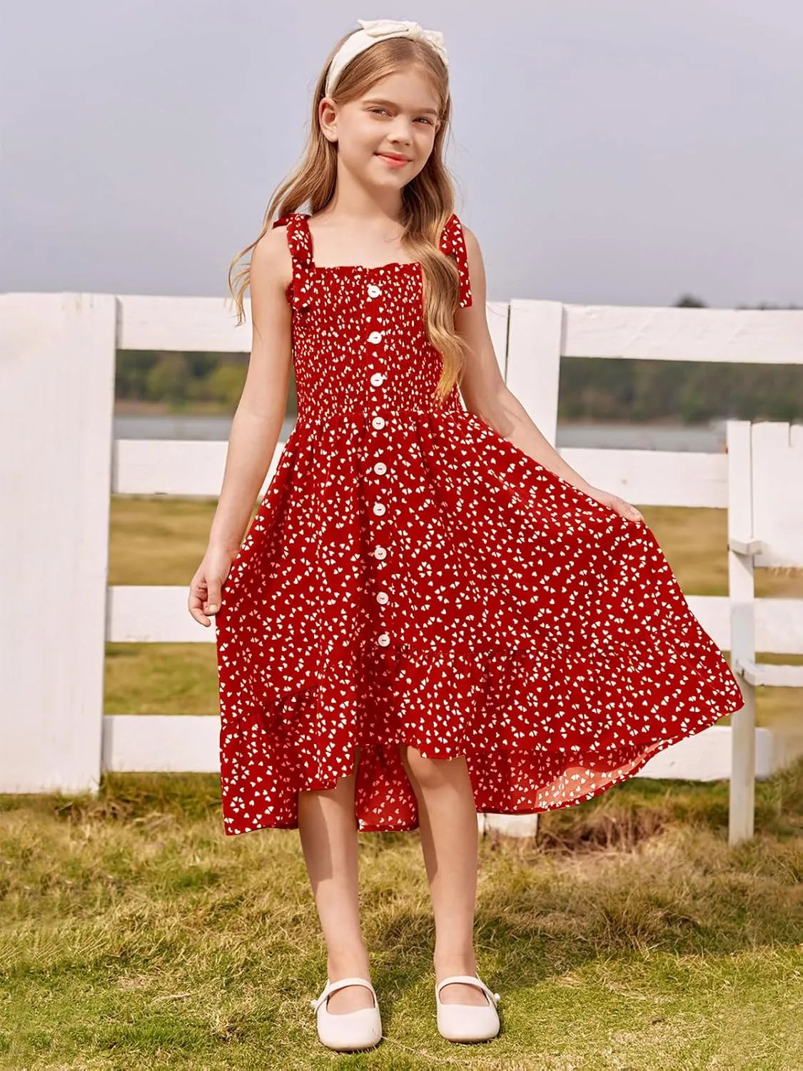 Girls Summer Dress Kids Sleeveless Tie Strap Boho Beach Midi Dress Smocked Ruffle Flowy Sundresses