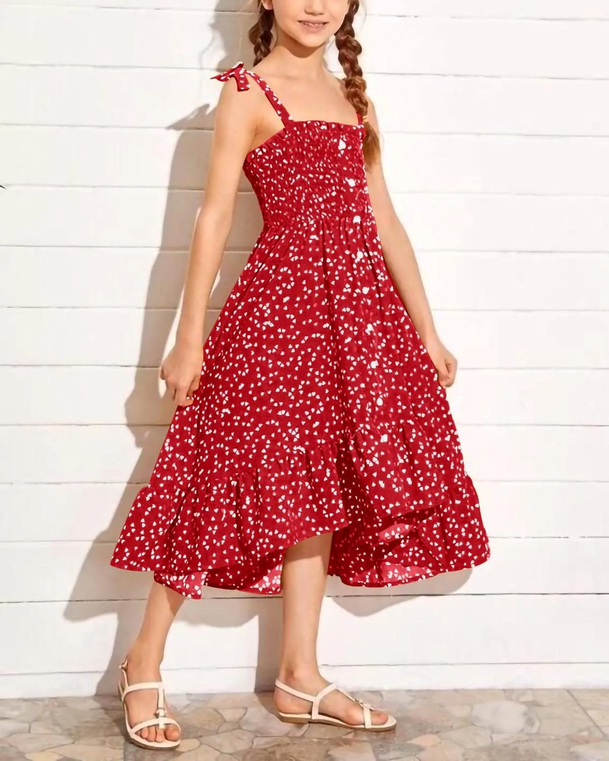 Girls Summer Dress Kids Sleeveless Tie Strap Boho Beach Midi Dress Smocked Ruffle Flowy Sundresses