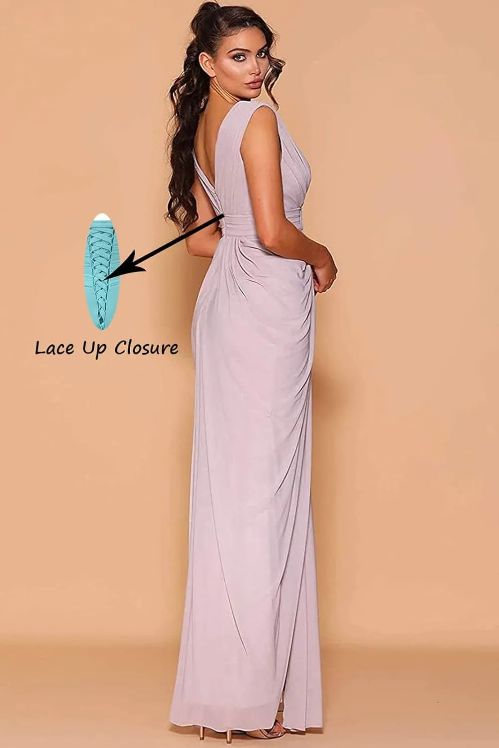 GOEBAODEEN V Neck Long Bridesmaid Dresses for Wedding Sheath Pleated Chiffon High Slit Formal Evening Gown