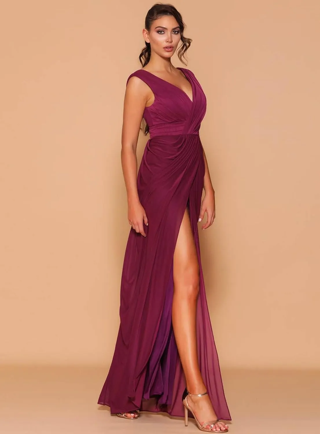 GOEBAODEEN V Neck Long Bridesmaid Dresses for Wedding Sheath Pleated Chiffon High Slit Formal Evening Gown