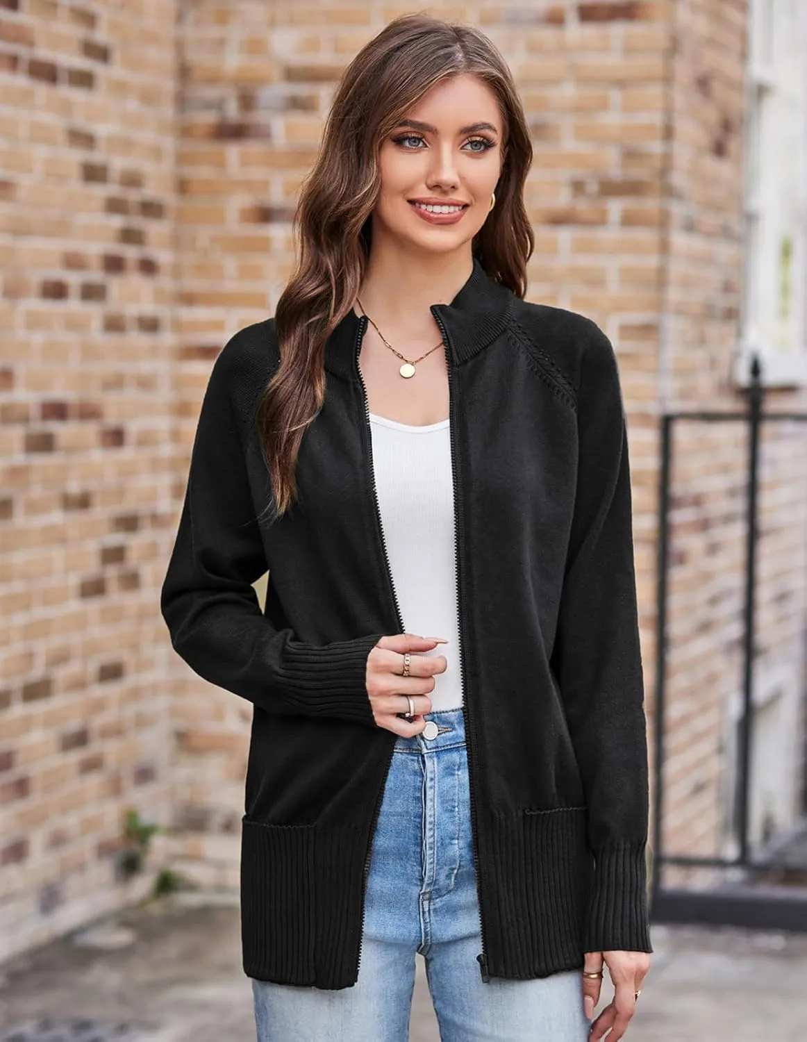 GRACE KARIN Women's Long Sleeve Zip Up Knit Cardigan with Pockets Stand Collar Full Zip Sweater Coat Lightweight