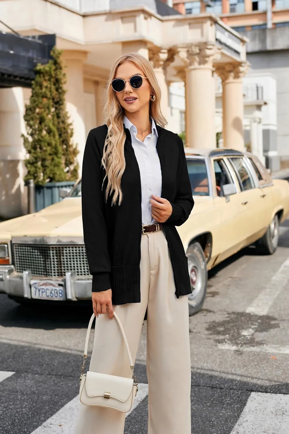 GRACE KARIN Women's Long Sleeve Zip Up Knit Cardigan with Pockets Stand Collar Full Zip Sweater Coat Lightweight
