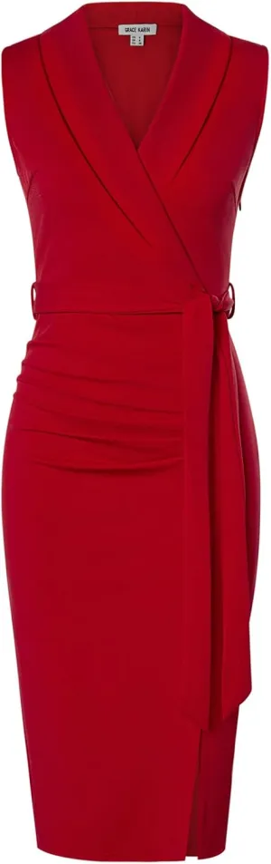 GRACE KARIN Women's Wear to Work Sleeveless Ruched Bodycon Office Pencil Midi Dresses with Belt