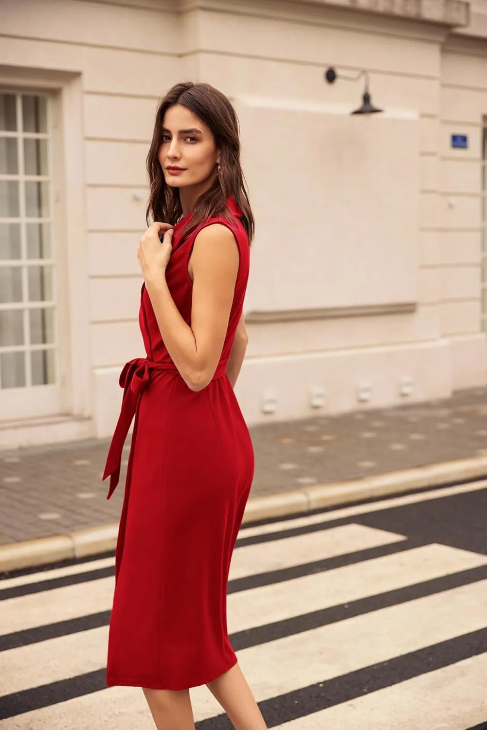 GRACE KARIN Women's Wear to Work Sleeveless Ruched Bodycon Office Pencil Midi Dresses with Belt