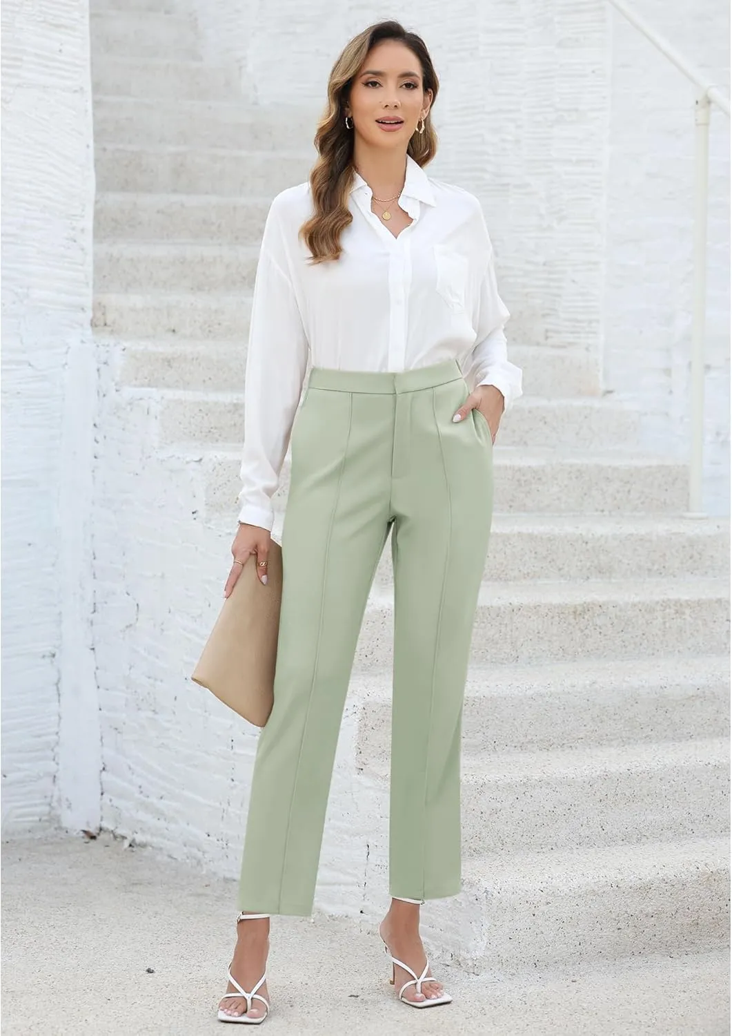 GRAPENT Dress Pants Women High Waisted Work Pants Dressy Casual Straight Leg Elastic Waist Cropped Trousers Ankle Slacks