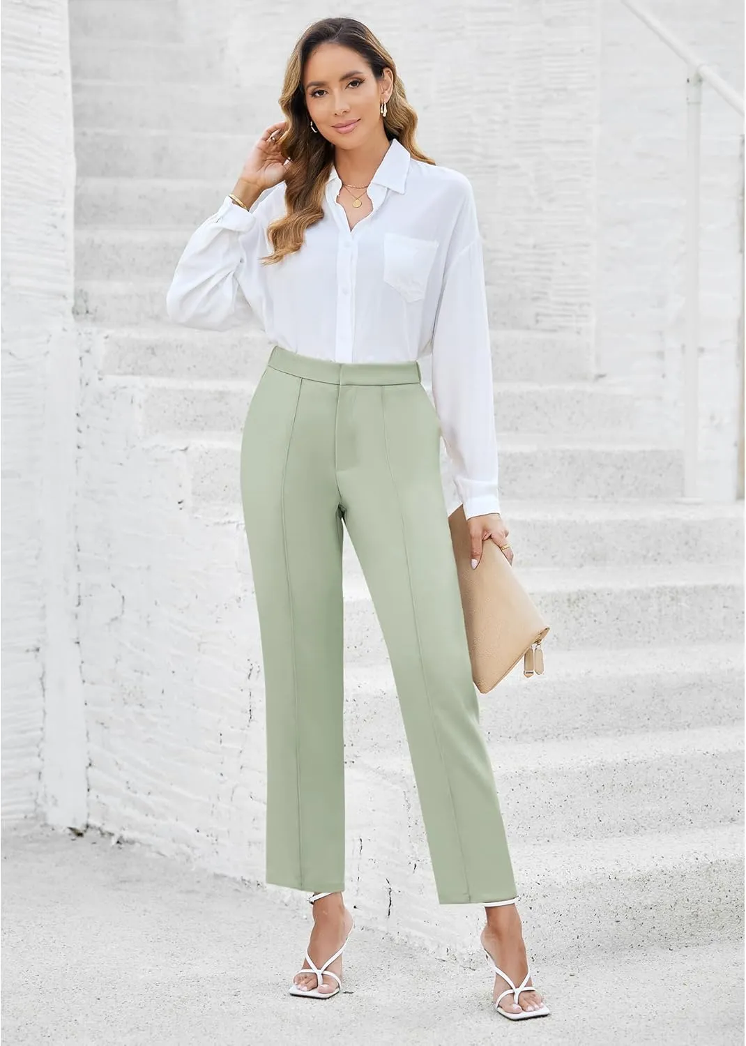 GRAPENT Dress Pants Women High Waisted Work Pants Dressy Casual Straight Leg Elastic Waist Cropped Trousers Ankle Slacks