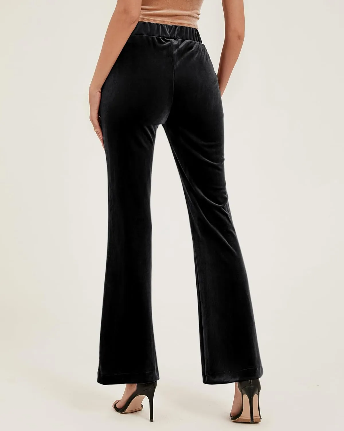GRAPENT Flare Velvet Pants for Women High Waisted Wide Leg Stretch Elastic Waist Pull On Trousers Front Seam Slacks