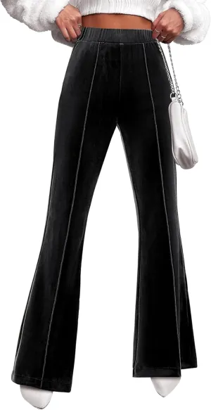 GRAPENT Flare Velvet Pants for Women High Waisted Wide Leg Stretch Elastic Waist Pull On Trousers Front Seam Slacks