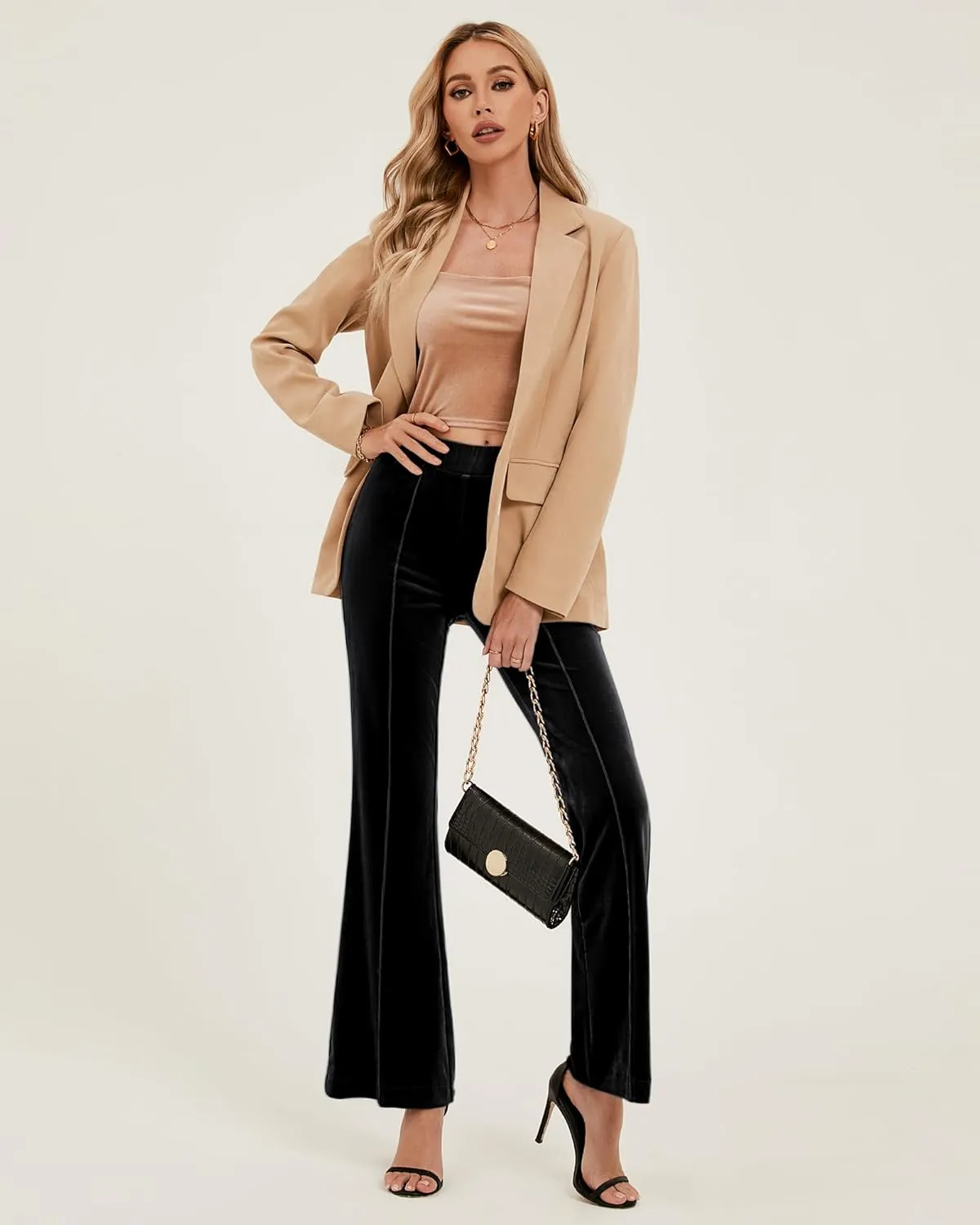 GRAPENT Flare Velvet Pants for Women High Waisted Wide Leg Stretch Elastic Waist Pull On Trousers Front Seam Slacks