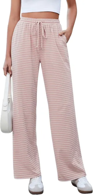 GRAPENT Striped Wide Leg Pants Woman High Waisted Pull On Elastic Waist Casual Lounge Comfy Loose Fit Pants with Pockets