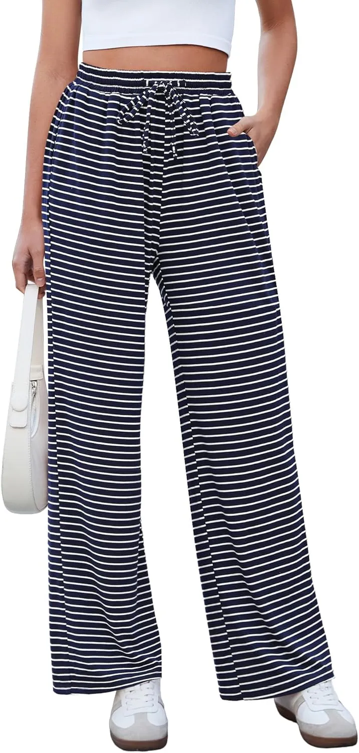 GRAPENT Striped Wide Leg Pants Woman High Waisted Pull On Elastic Waist Casual Lounge Comfy Loose Fit Pants with Pockets