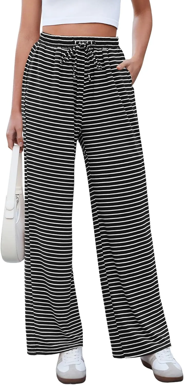 GRAPENT Striped Wide Leg Pants Woman High Waisted Pull On Elastic Waist Casual Lounge Comfy Loose Fit Pants with Pockets