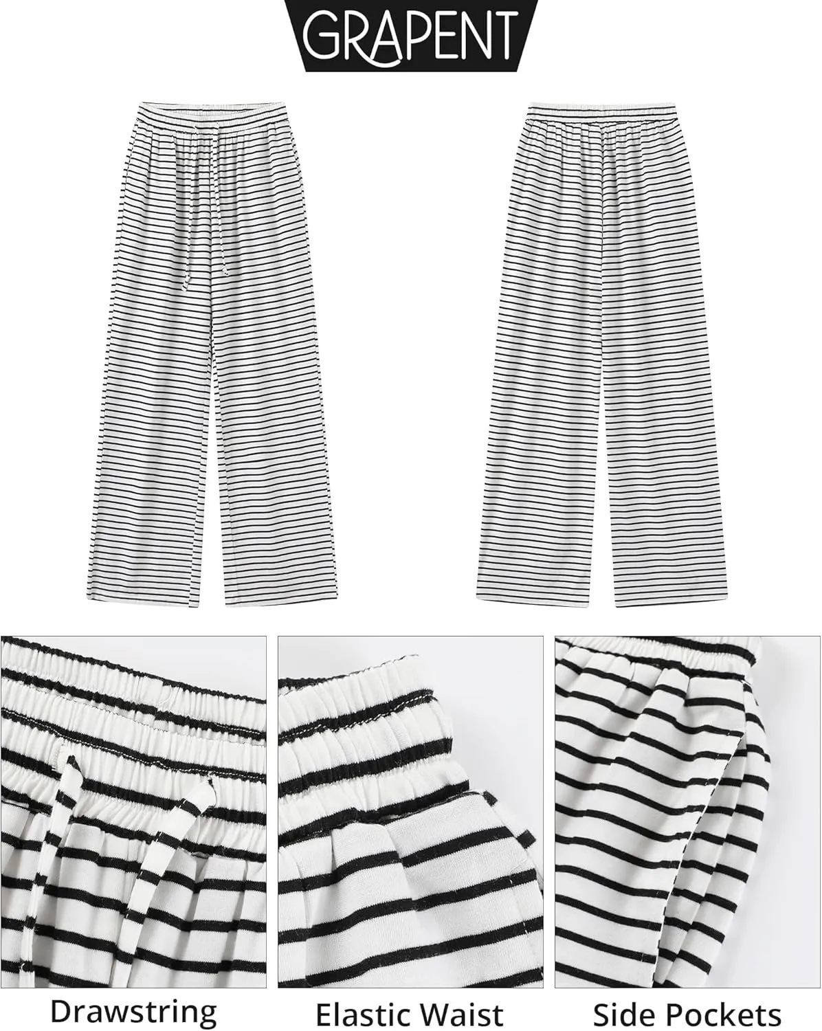 GRAPENT Striped Wide Leg Pants Woman High Waisted Pull On Elastic Waist Casual Lounge Comfy Loose Fit Pants with Pockets