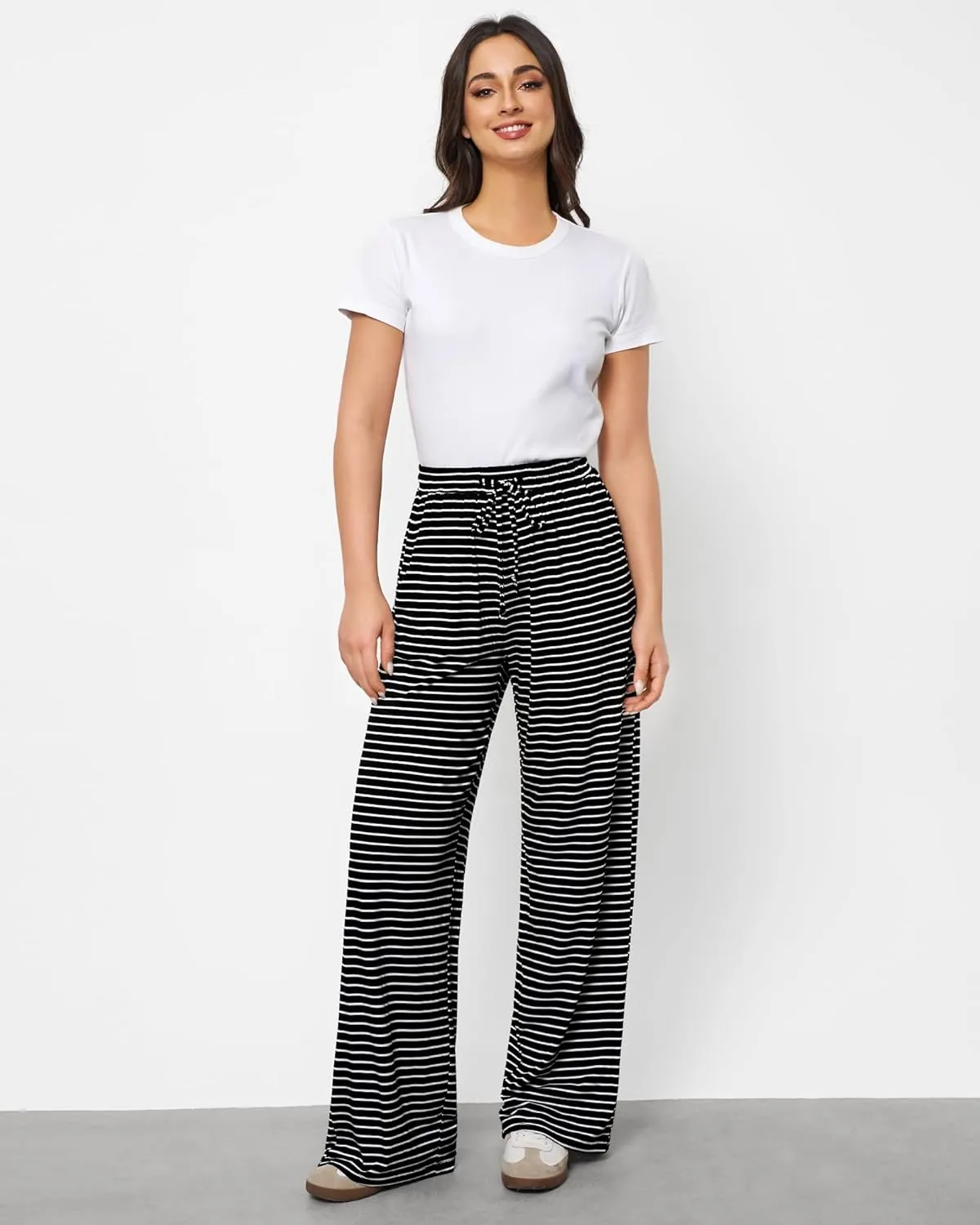 GRAPENT Striped Wide Leg Pants Woman High Waisted Pull On Elastic Waist Casual Lounge Comfy Loose Fit Pants with Pockets