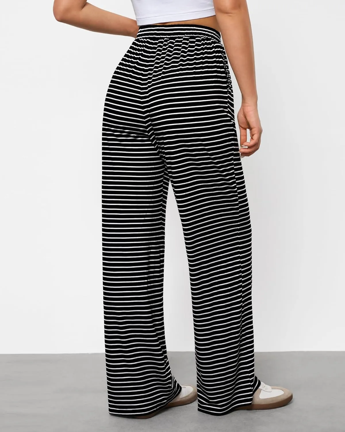 GRAPENT Striped Wide Leg Pants Woman High Waisted Pull On Elastic Waist Casual Lounge Comfy Loose Fit Pants with Pockets