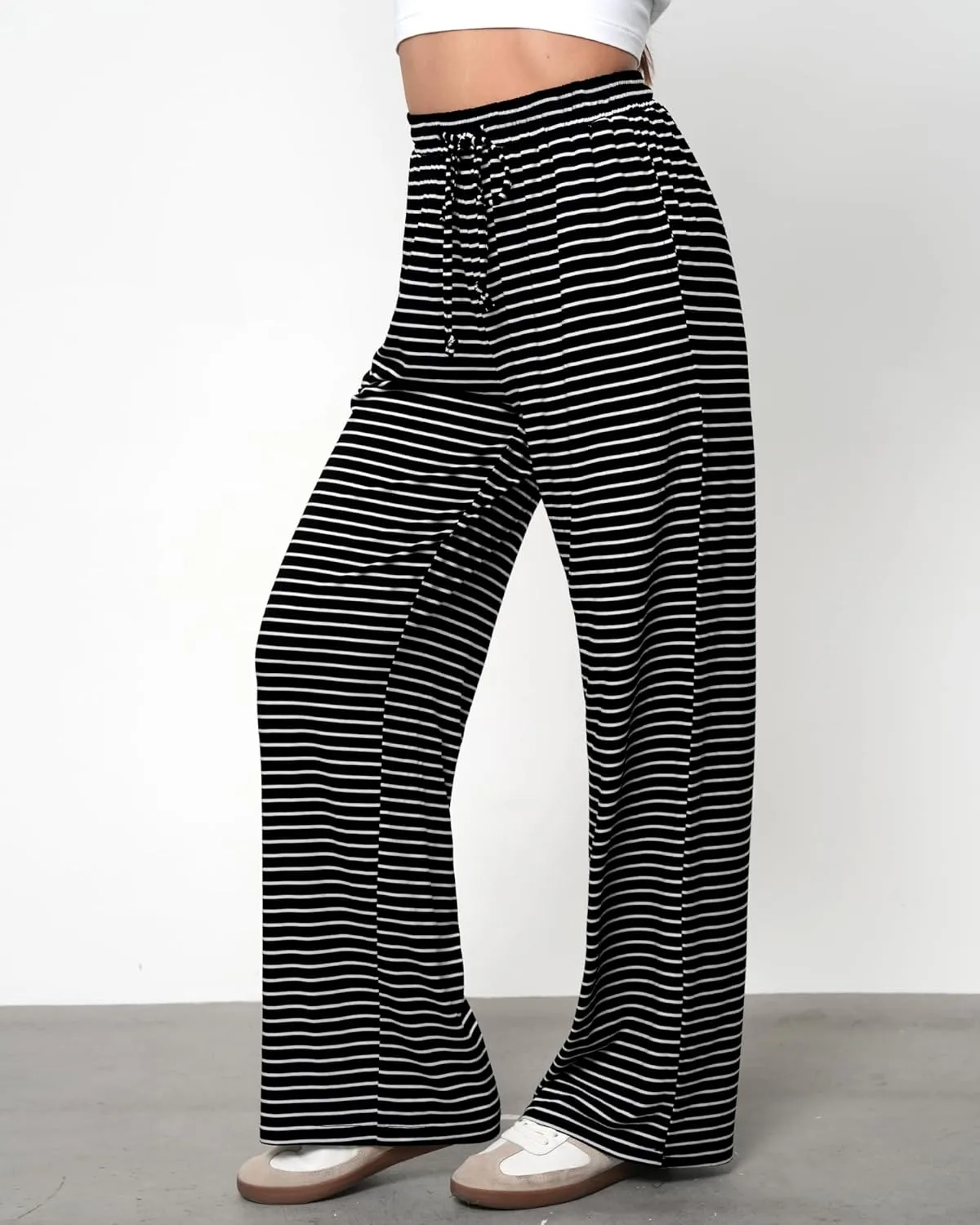 GRAPENT Striped Wide Leg Pants Woman High Waisted Pull On Elastic Waist Casual Lounge Comfy Loose Fit Pants with Pockets