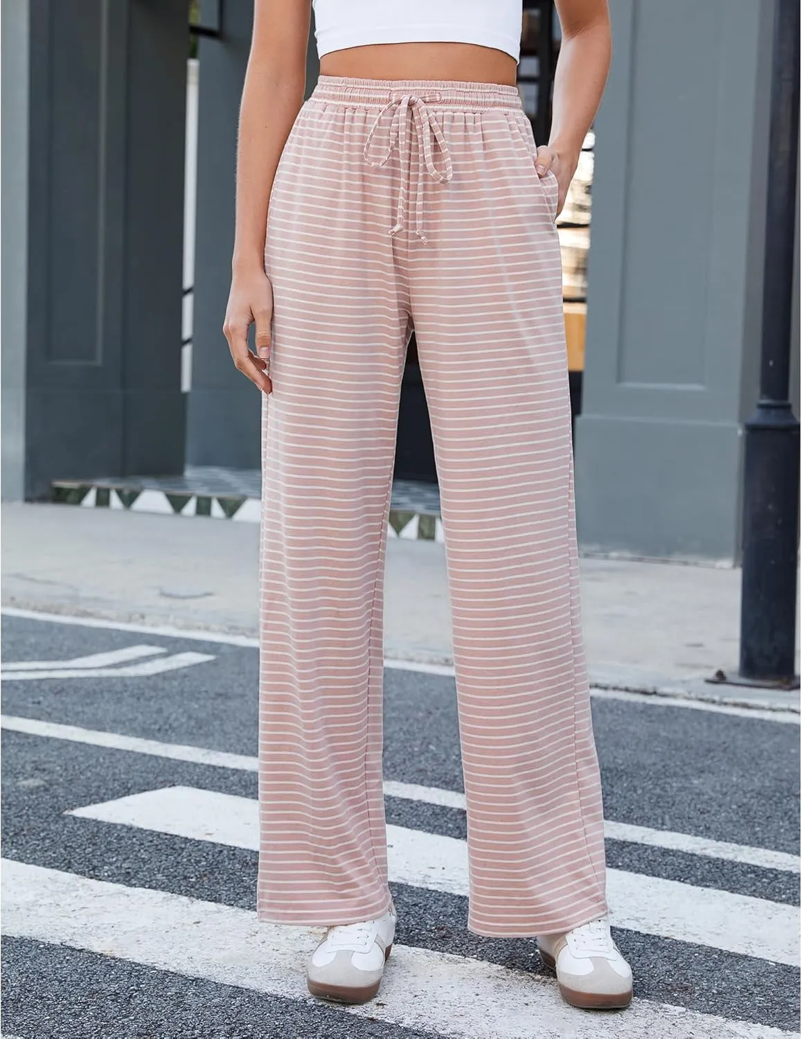 GRAPENT Striped Wide Leg Pants Woman High Waisted Pull On Elastic Waist Casual Lounge Comfy Loose Fit Pants with Pockets