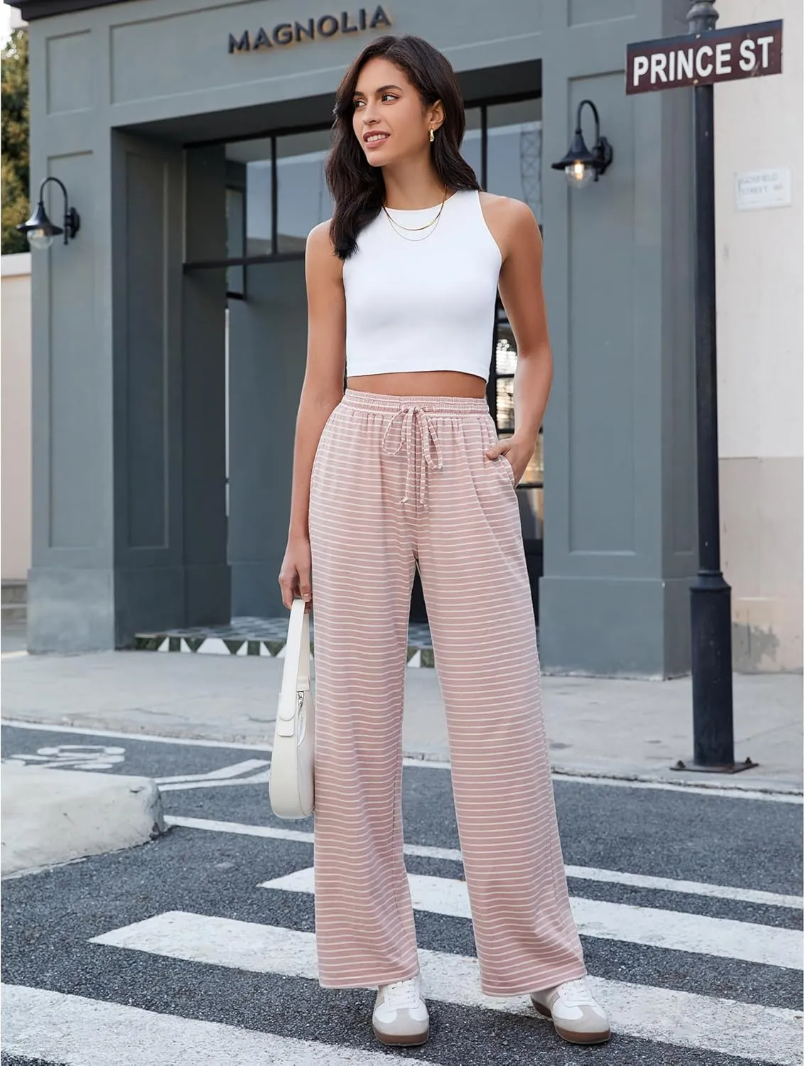 GRAPENT Striped Wide Leg Pants Woman High Waisted Pull On Elastic Waist Casual Lounge Comfy Loose Fit Pants with Pockets