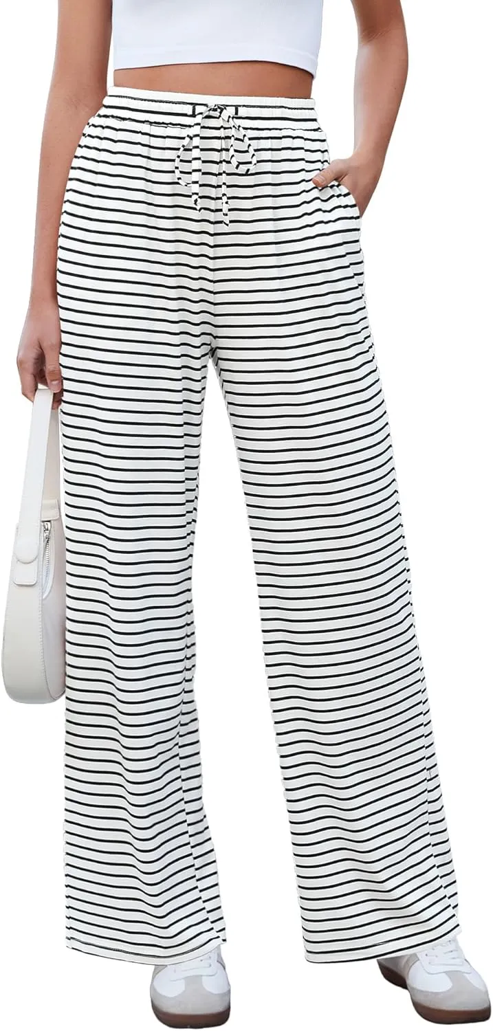GRAPENT Striped Wide Leg Pants Woman High Waisted Pull On Elastic Waist Casual Lounge Comfy Loose Fit Pants with Pockets