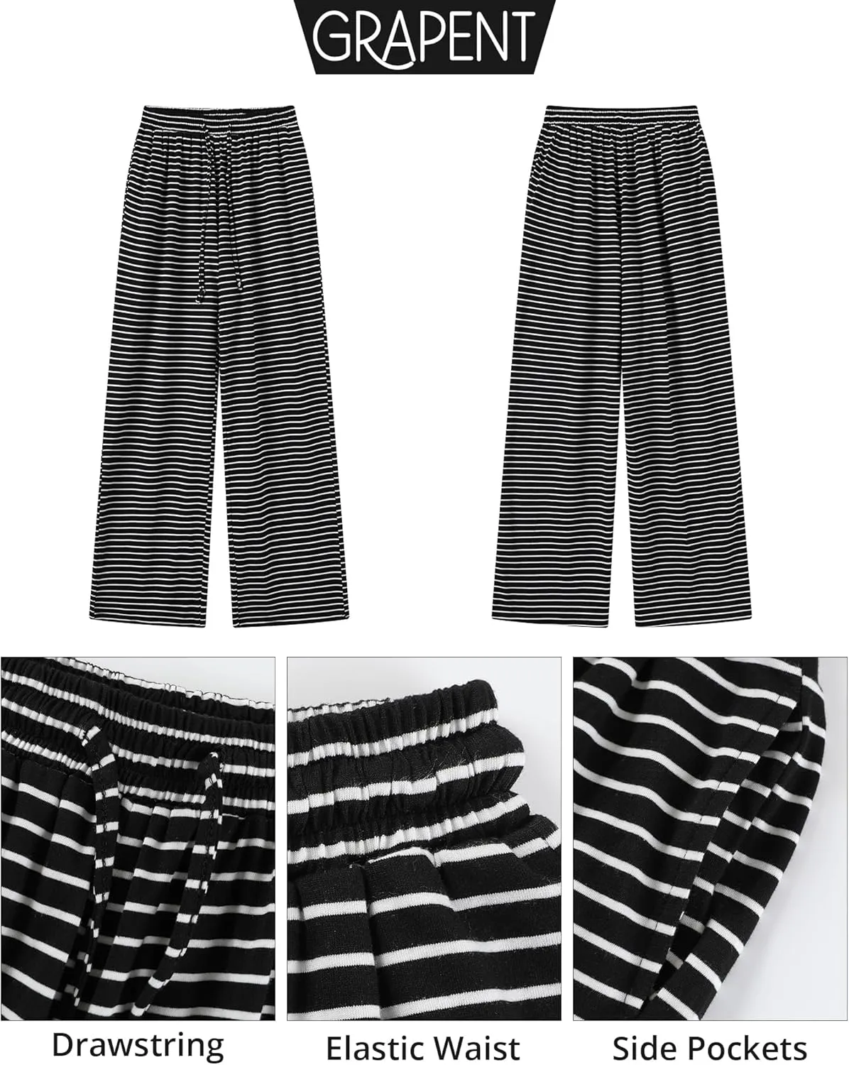 GRAPENT Striped Wide Leg Pants Woman High Waisted Pull On Elastic Waist Casual Lounge Comfy Loose Fit Pants with Pockets