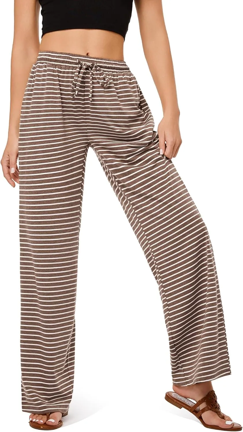GRAPENT Striped Wide Leg Pants Woman High Waisted Pull On Elastic Waist Casual Lounge Comfy Loose Fit Pants with Pockets