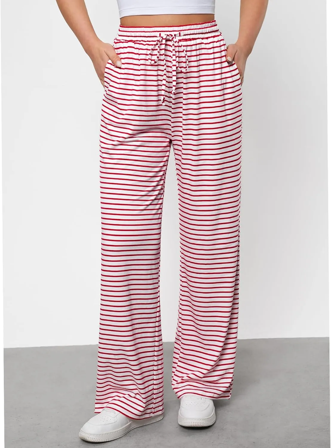 GRAPENT Striped Wide Leg Pants Woman High Waisted Pull On Elastic Waist Casual Lounge Comfy Loose Fit Pants with Pockets