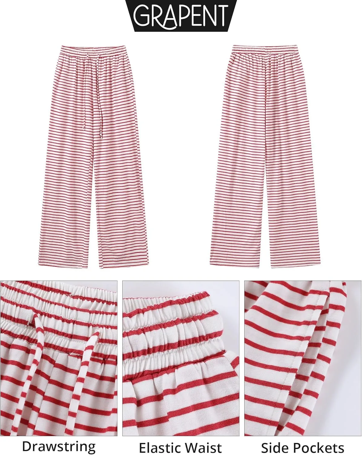 GRAPENT Striped Wide Leg Pants Woman High Waisted Pull On Elastic Waist Casual Lounge Comfy Loose Fit Pants with Pockets