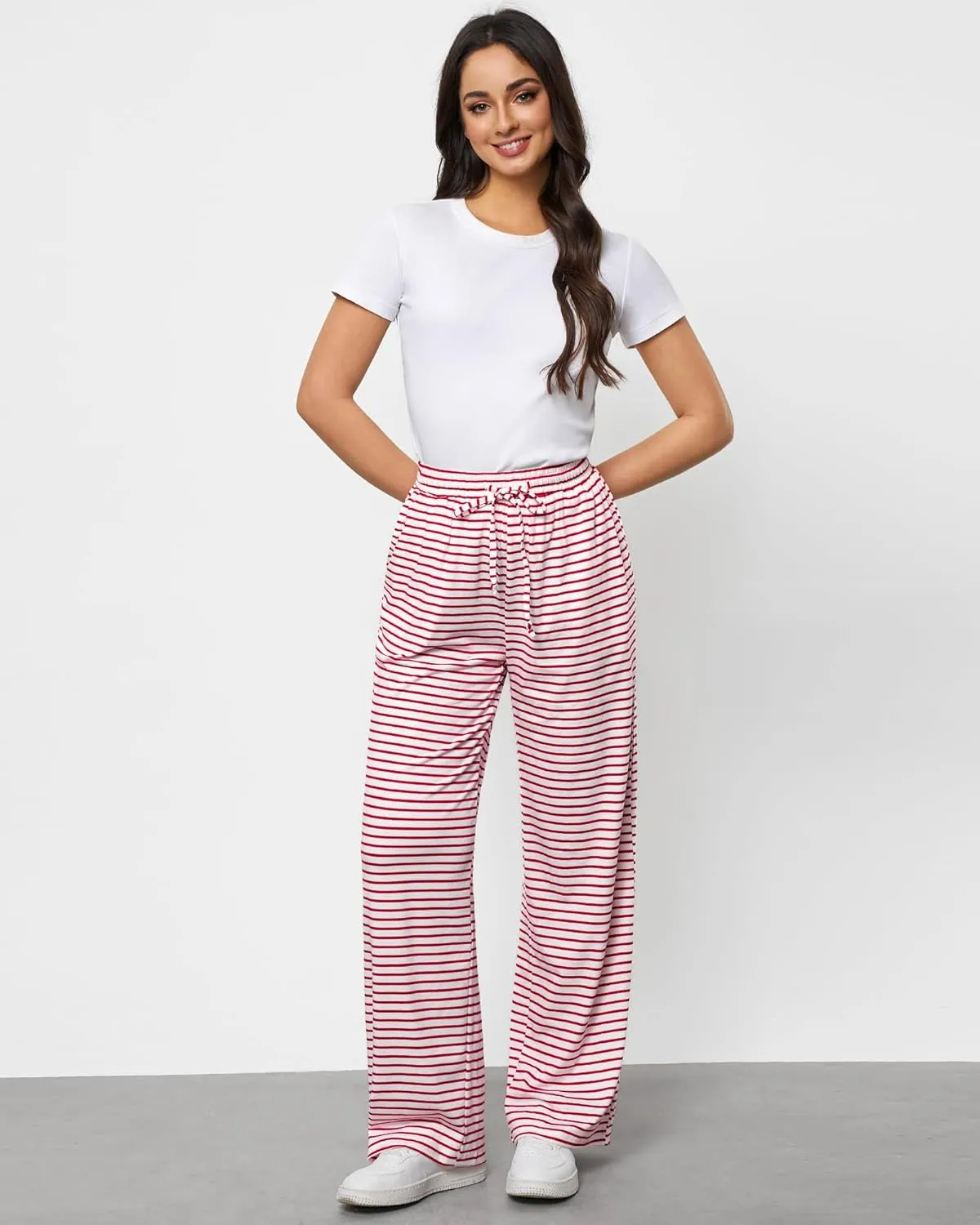 GRAPENT Striped Wide Leg Pants Woman High Waisted Pull On Elastic Waist Casual Lounge Comfy Loose Fit Pants with Pockets