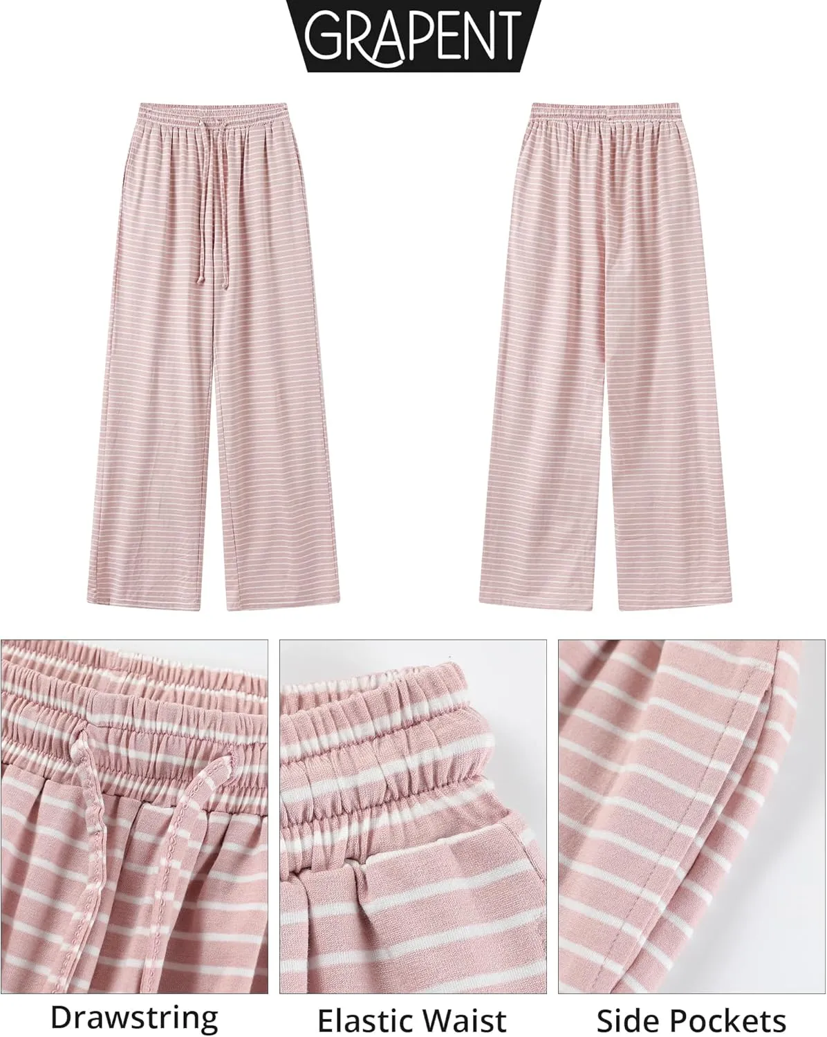 GRAPENT Striped Wide Leg Pants Woman High Waisted Pull On Elastic Waist Casual Lounge Comfy Loose Fit Pants with Pockets