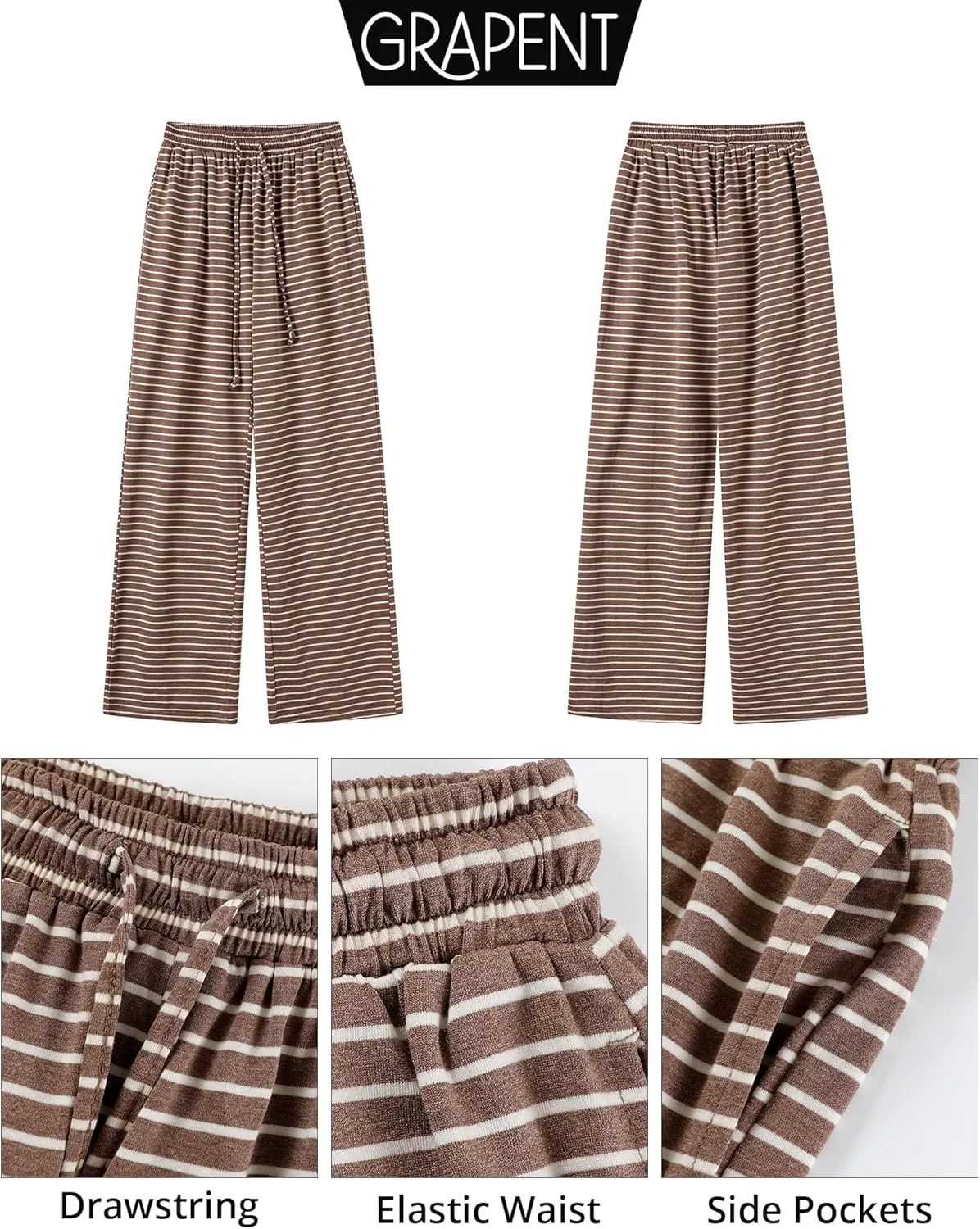 GRAPENT Striped Wide Leg Pants Woman High Waisted Pull On Elastic Waist Casual Lounge Comfy Loose Fit Pants with Pockets