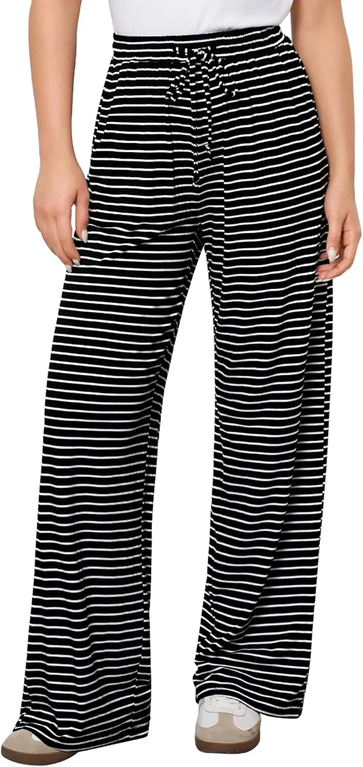 GRAPENT Striped Wide Leg Pants Woman High Waisted Pull On Elastic Waist Casual Lounge Comfy Loose Fit Pants with Pockets