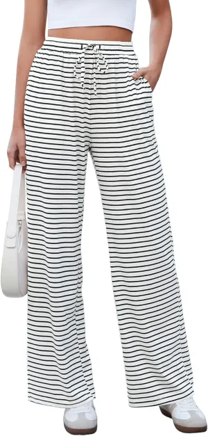 GRAPENT Striped Wide Leg Pants Woman High Waisted Pull On Elastic Waist Casual Lounge Comfy Loose Fit Pants with Pockets