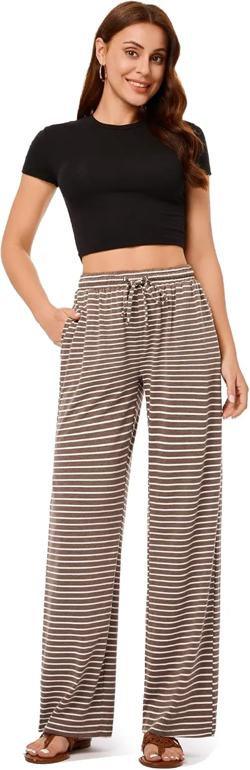 GRAPENT Striped Wide Leg Pants Woman High Waisted Pull On Elastic Waist Casual Lounge Comfy Loose Fit Pants with Pockets