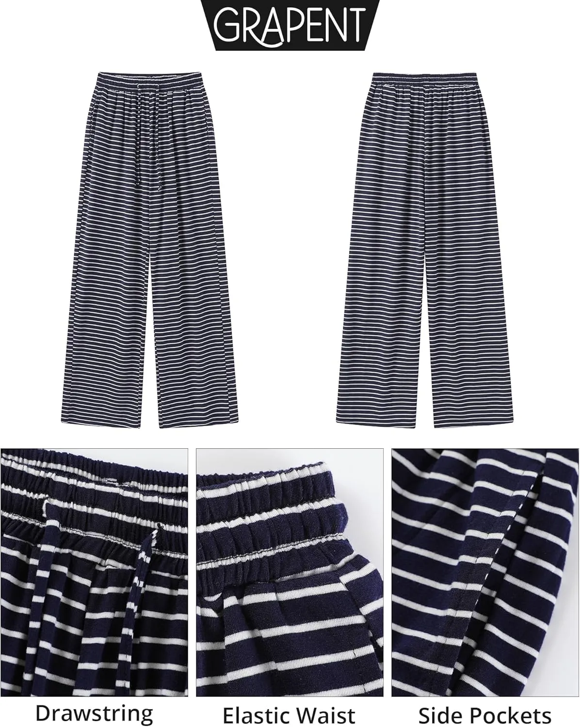 GRAPENT Striped Wide Leg Pants Woman High Waisted Pull On Elastic Waist Casual Lounge Comfy Loose Fit Pants with Pockets