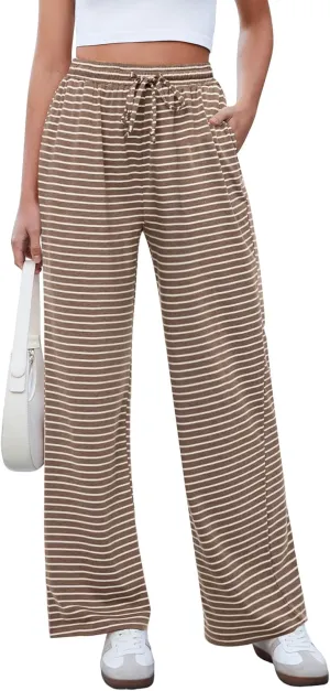 GRAPENT Striped Wide Leg Pants Woman High Waisted Pull On Elastic Waist Casual Lounge Comfy Loose Fit Pants with Pockets