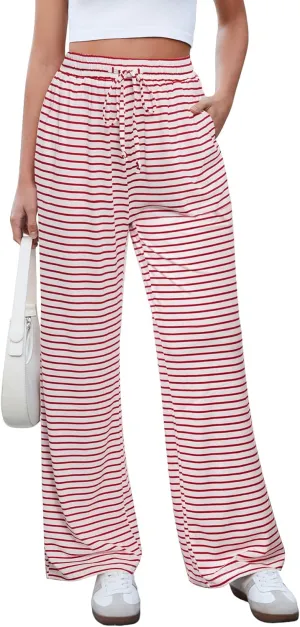 GRAPENT Striped Wide Leg Pants Woman High Waisted Pull On Elastic Waist Casual Lounge Comfy Loose Fit Pants with Pockets