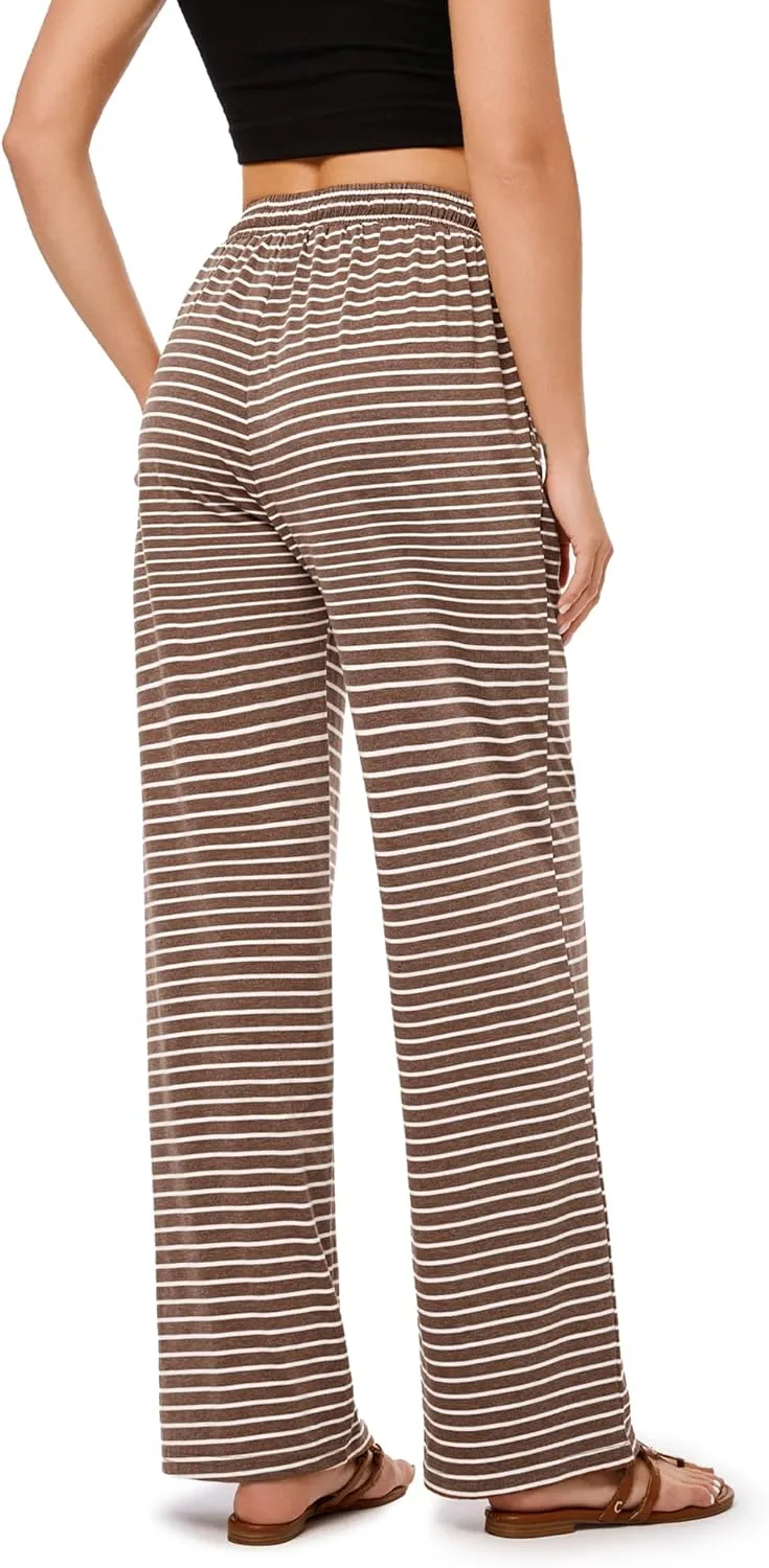 GRAPENT Striped Wide Leg Pants Woman High Waisted Pull On Elastic Waist Casual Lounge Comfy Loose Fit Pants with Pockets