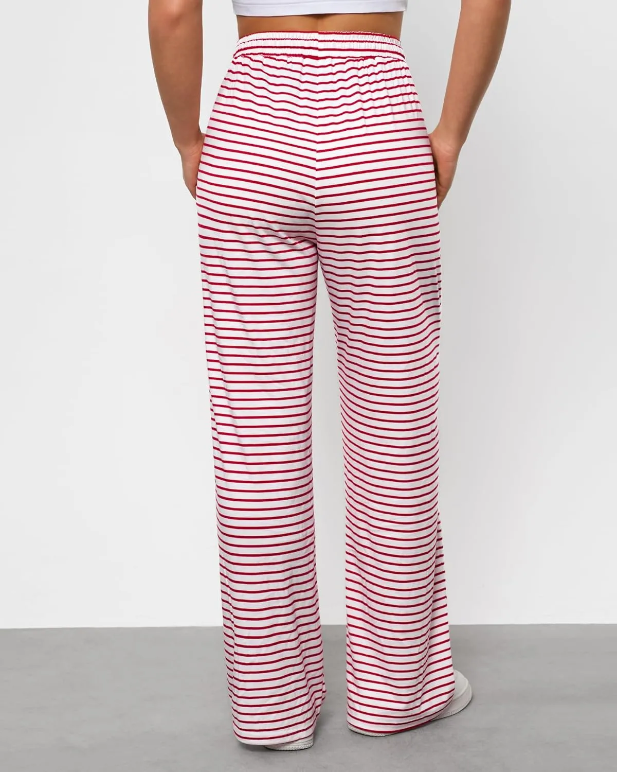GRAPENT Striped Wide Leg Pants Woman High Waisted Pull On Elastic Waist Casual Lounge Comfy Loose Fit Pants with Pockets