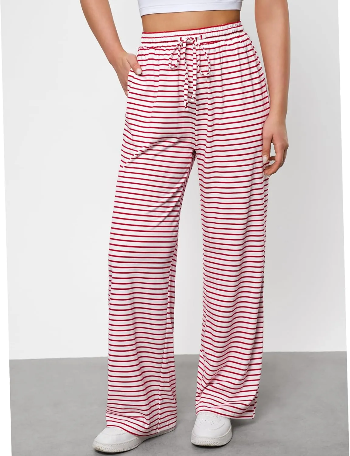 GRAPENT Striped Wide Leg Pants Woman High Waisted Pull On Elastic Waist Casual Lounge Comfy Loose Fit Pants with Pockets