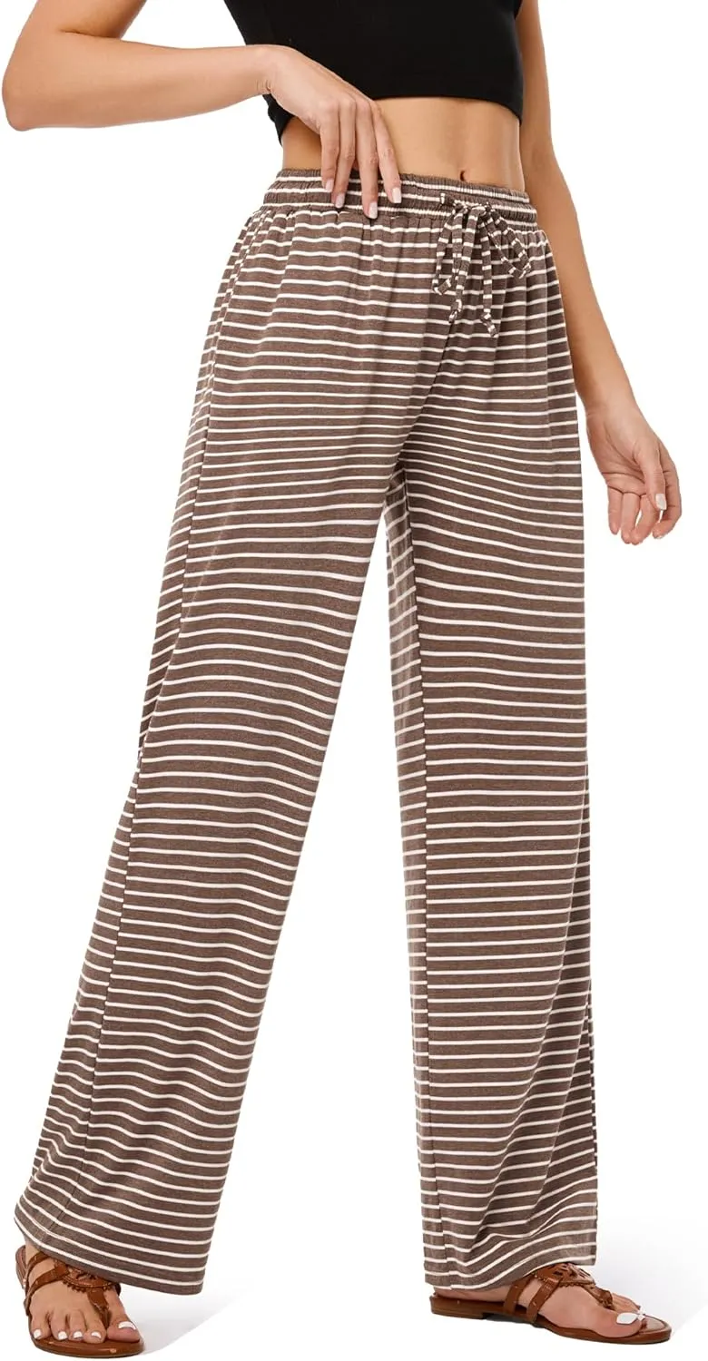 GRAPENT Striped Wide Leg Pants Woman High Waisted Pull On Elastic Waist Casual Lounge Comfy Loose Fit Pants with Pockets