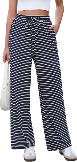 GRAPENT Striped Wide Leg Pants Woman High Waisted Pull On Elastic Waist Casual Lounge Comfy Loose Fit Pants with Pockets