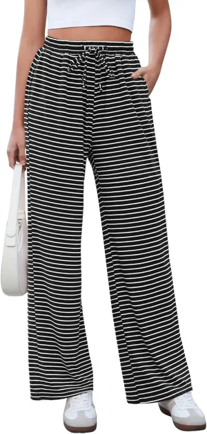 GRAPENT Striped Wide Leg Pants Woman High Waisted Pull On Elastic Waist Casual Lounge Comfy Loose Fit Pants with Pockets