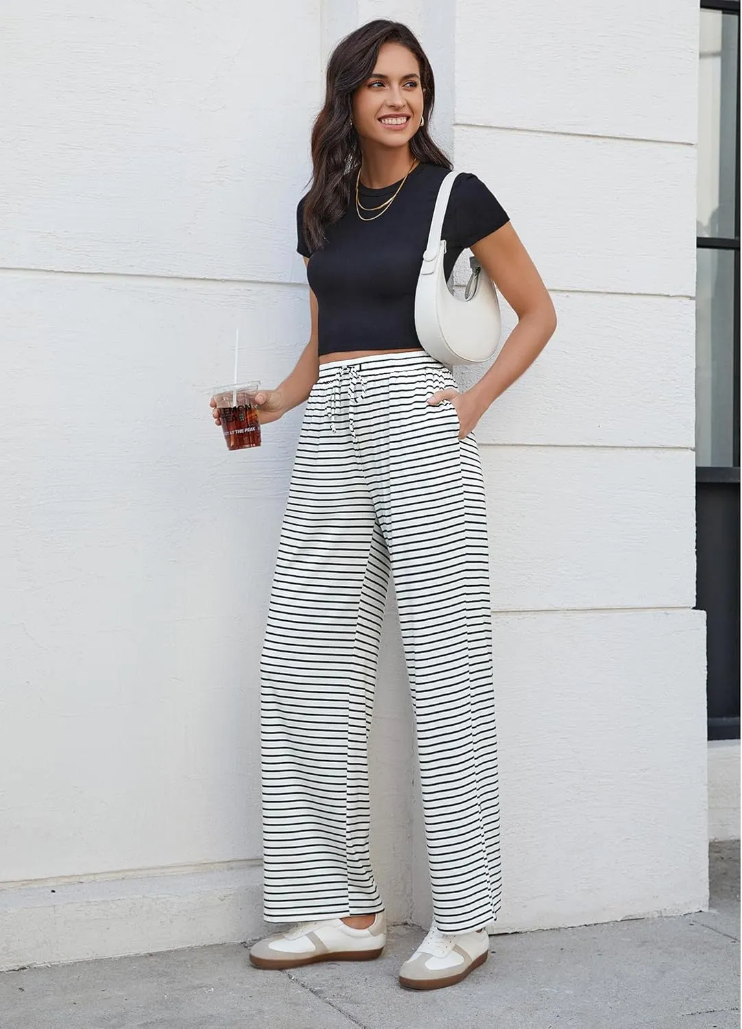 GRAPENT Striped Wide Leg Pants Woman High Waisted Pull On Elastic Waist Casual Lounge Comfy Loose Fit Pants with Pockets