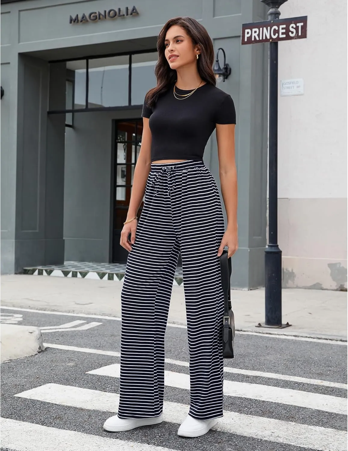 GRAPENT Striped Wide Leg Pants Woman High Waisted Pull On Elastic Waist Casual Lounge Comfy Loose Fit Pants with Pockets
