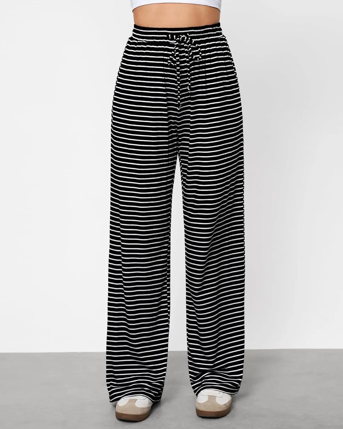 GRAPENT Striped Wide Leg Pants Woman High Waisted Pull On Elastic Waist Casual Lounge Comfy Loose Fit Pants with Pockets