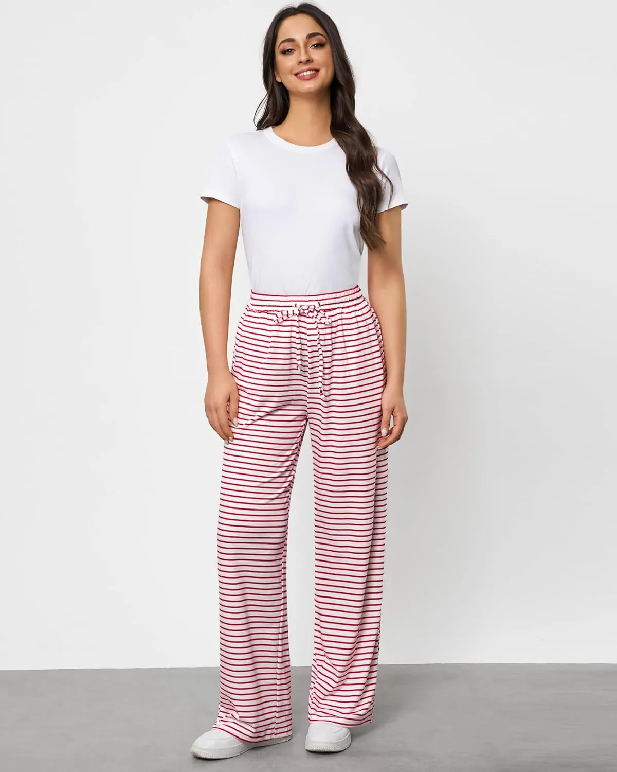 GRAPENT Striped Wide Leg Pants Woman High Waisted Pull On Elastic Waist Casual Lounge Comfy Loose Fit Pants with Pockets