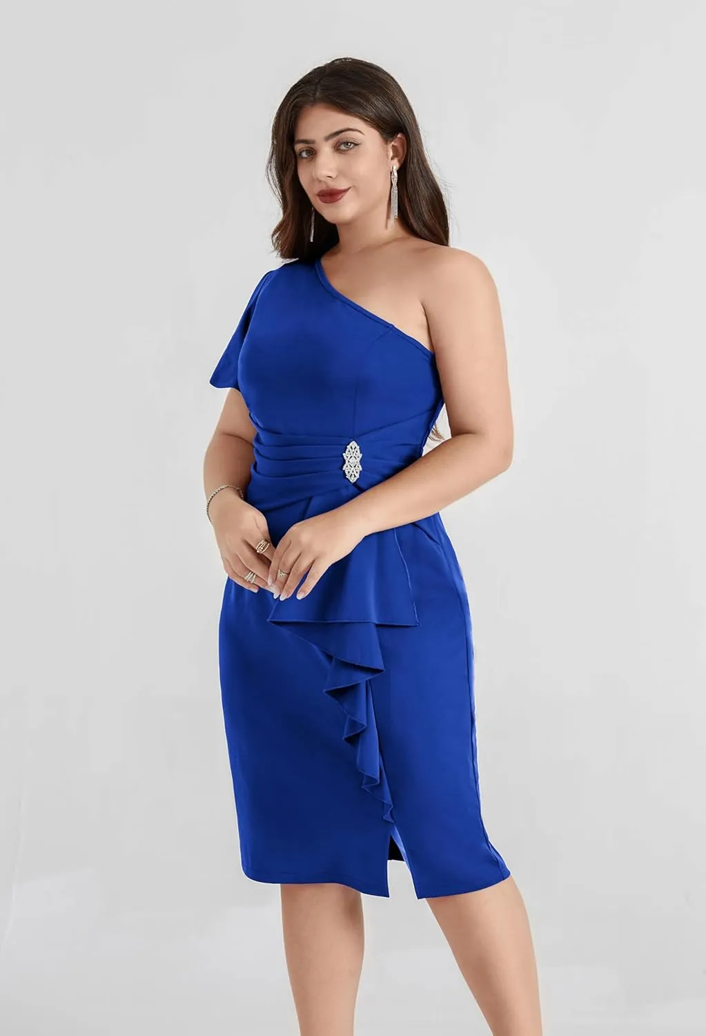 Hanna Nikole Women Plus Size One Shoulder Dress Sexy Ruched Bodycon Cocktail Dress with Rhinestone