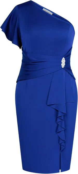 Hanna Nikole Women Plus Size One Shoulder Dress Sexy Ruched Bodycon Cocktail Dress with Rhinestone