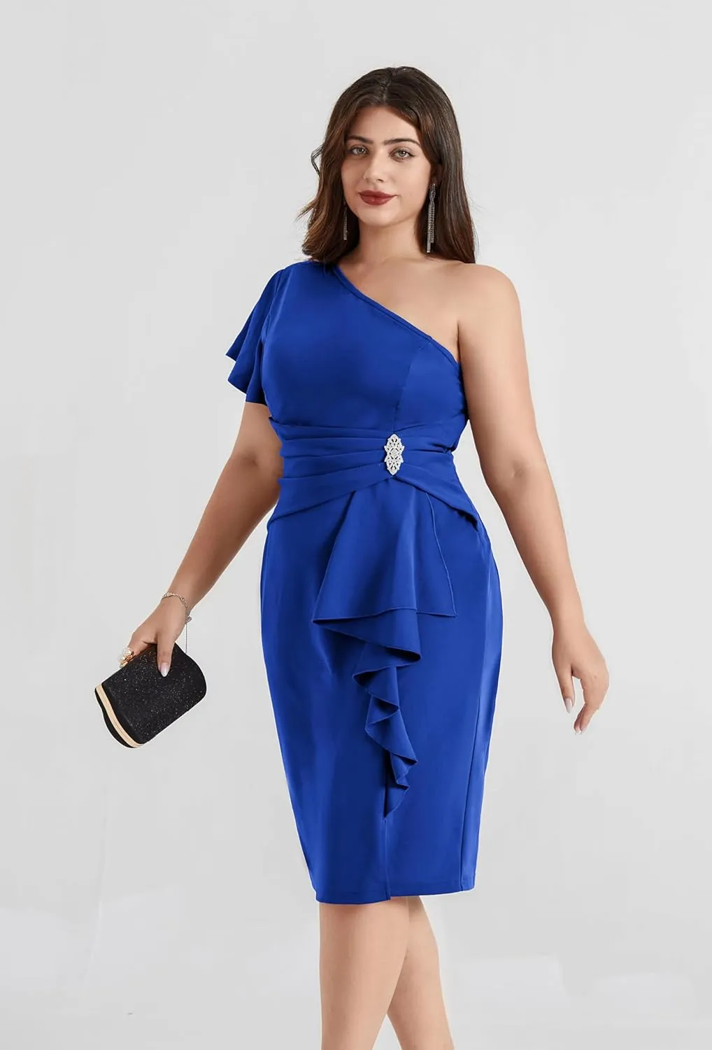 Hanna Nikole Women Plus Size One Shoulder Dress Sexy Ruched Bodycon Cocktail Dress with Rhinestone