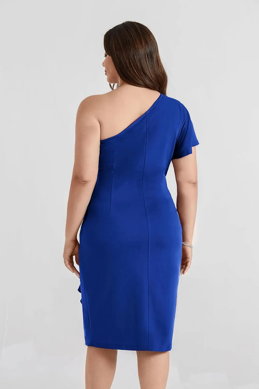 Hanna Nikole Women Plus Size One Shoulder Dress Sexy Ruched Bodycon Cocktail Dress with Rhinestone